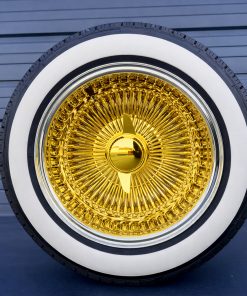 14x7” Gold Center Wire Wheels – 100 Spoke Reverse Straight Lace Chrome Lip + 175/70R14 True Whitewall Tires | Pure 24K California Gold | Set of 4