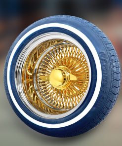 14x7” Gold Center Wire Wheels – Reverse 100 Spoke with Chrome Lip + Whitewall Tires (175/70R14) | Set of 4
