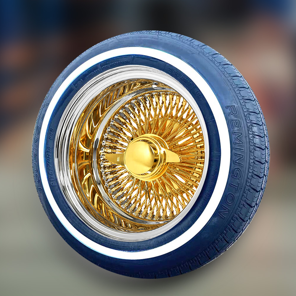 14x7” Gold Center Wire Wheels – Reverse 100 Spoke with Chrome Lip + Whitewall Tires (175/70R14) | Set of 4