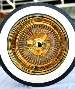 14x7" Gold Wire Wheels + 2" Whitewall Tires (175/70R14) Set of 4 – Triple Gold-Plated, Show-Ready & Street Tough