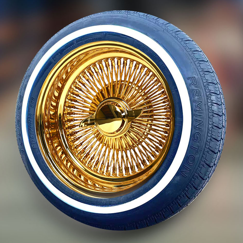 14X7" Gold Wire Wheels Triple Plating Gold Reverse 100 Spoke + Regular White Wall Tires (175/70R14)