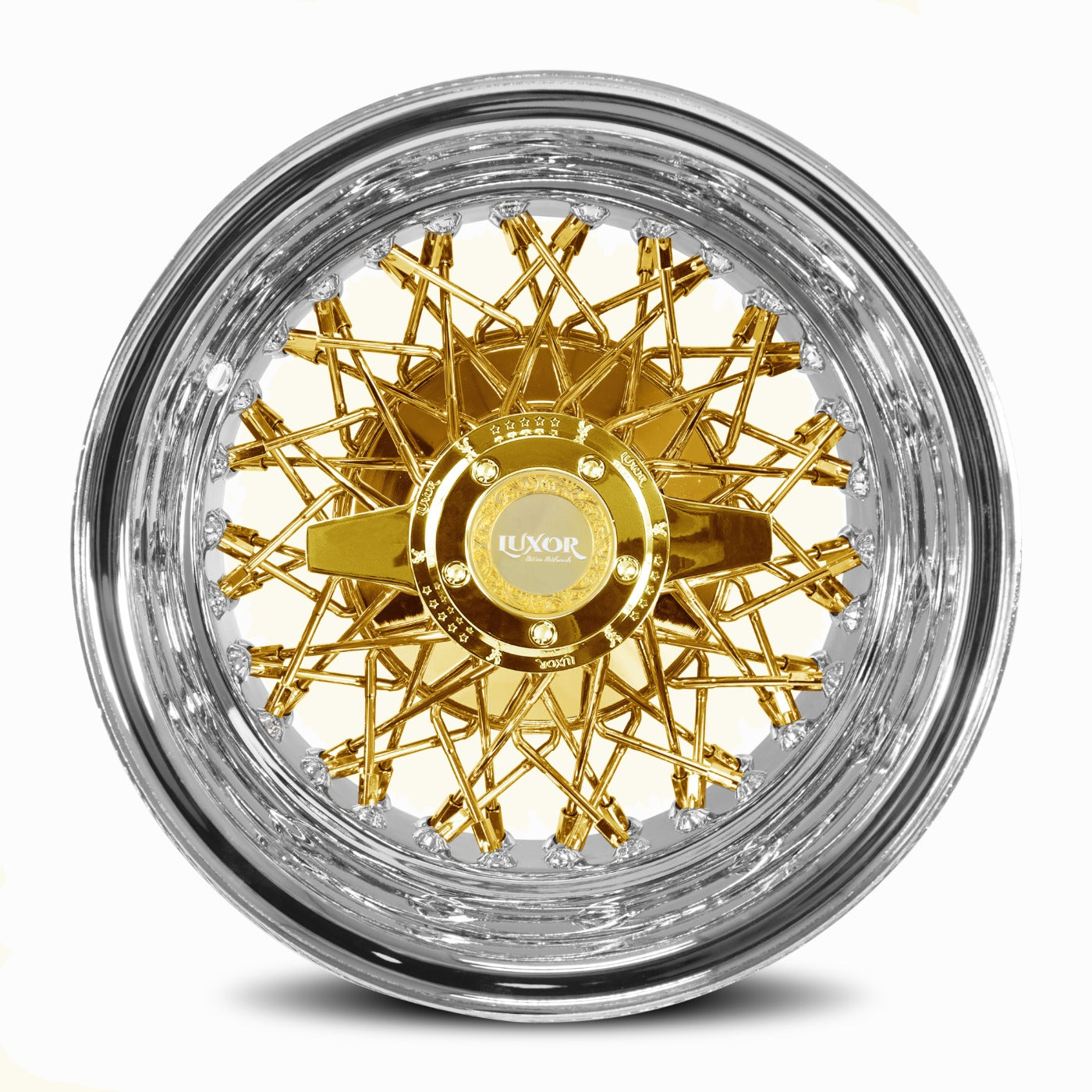 14x7” Luxor Wire Wheels – 60 Spoke Triple Cross Lace – Gold Center – Reverse Offset – Set of 4