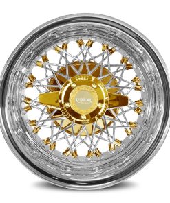 14x7 Luxor Wire Wheels – 60 Spoke Triple Cross Lace – Gold Nipple, Hub & Knock-Off – Reverse Offset