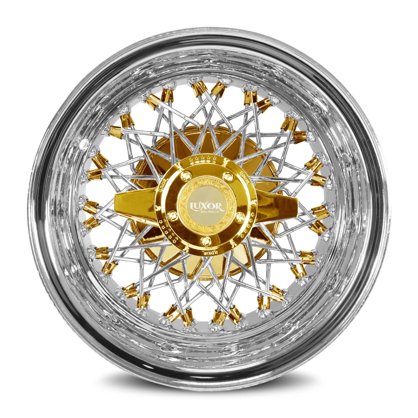 14x7 Luxor Wire Wheels – 60 Spoke Triple Cross Lace – Gold Nipple, Hub & Knock-Off – Reverse Offset