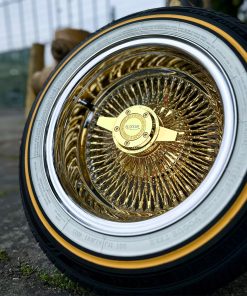 14x7” Luxor Wire Wheels – Gold Center Reverse 100 Spoke (Diamond Cut) + 175/70R14 Original Vogue Tires | Set of 4