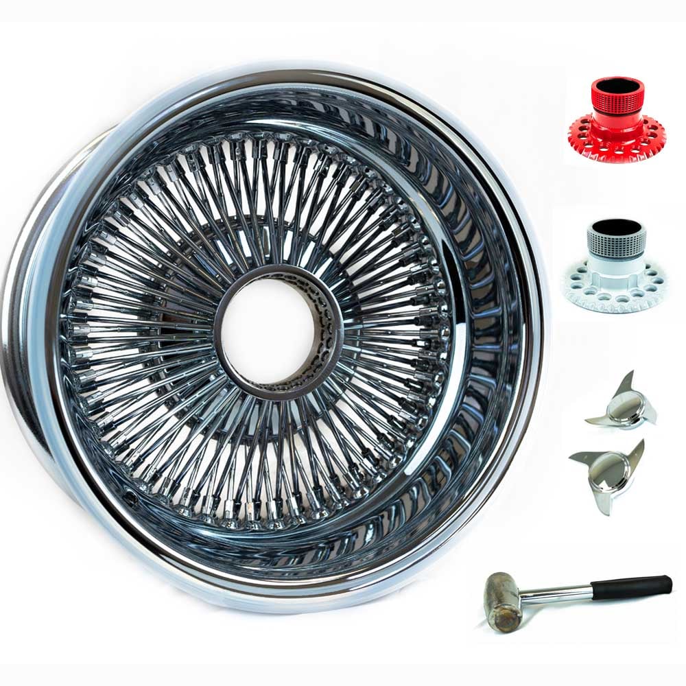 14X7 REVERSE CHROME 100 SPOKE LOWRIDER WIRE WHEELS - Set of 4