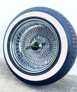 14x7” Reverse Chrome 100-Spoke Wire Wheels + 175/70R14 Custom 1.4” Whitewall Tires – Set of 4 | Show-Ready Lowrider Style