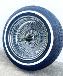 14x7" Reverse Chrome 100 Spoke Wire Wheels + Whitewall Tires (Set of 4)