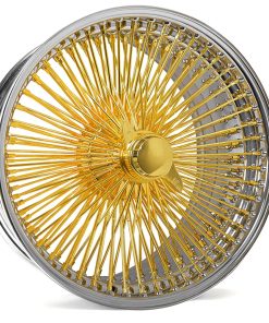 15x7 FWD 100 Spoke Wire Wheels – Gold Center with Chrome Lip | Set of 4