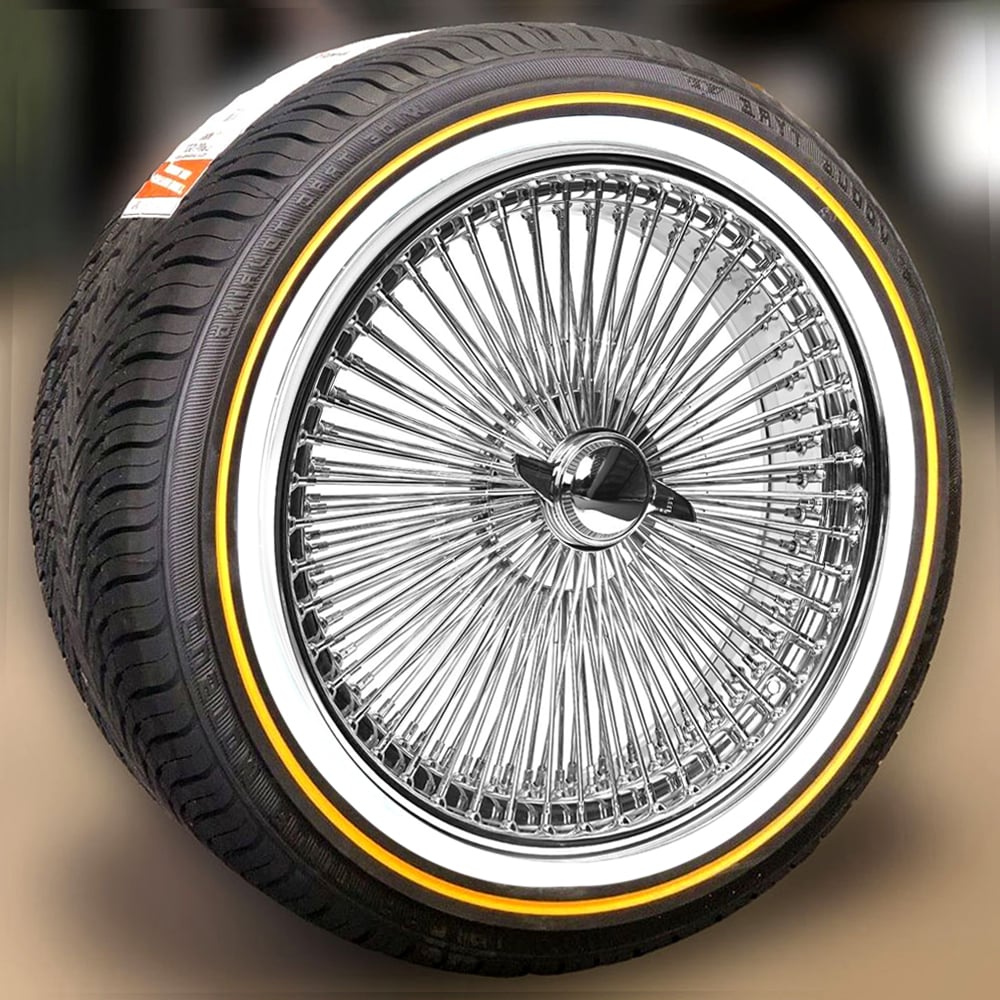 15x7” FWD Chrome Wire Wheels – 100 Spoke + 215/70R15 Vogue Tires Gold Stripe – Complete Set