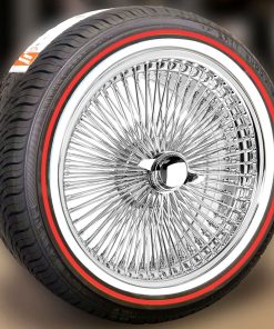 15X7" FWD Wire Wheels Chrome 100 Spoke + Vogue Tires (215/70R15) - Red Stripe