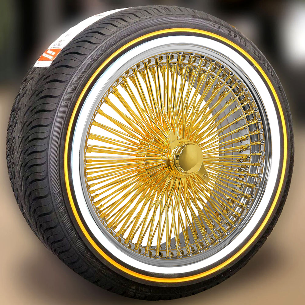 15x7” Gold Center FWD Wire Wheels – 100 Spoke + 215/70R15 Original Vogue Tires | Complete Package