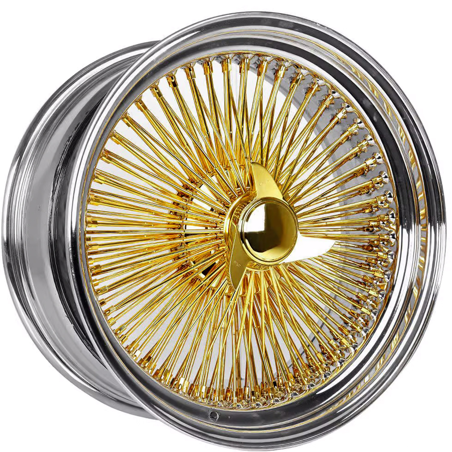15x7 Standard 100 Spoke Gold Center With Chrome Lip Wire Wheels - Set of 4