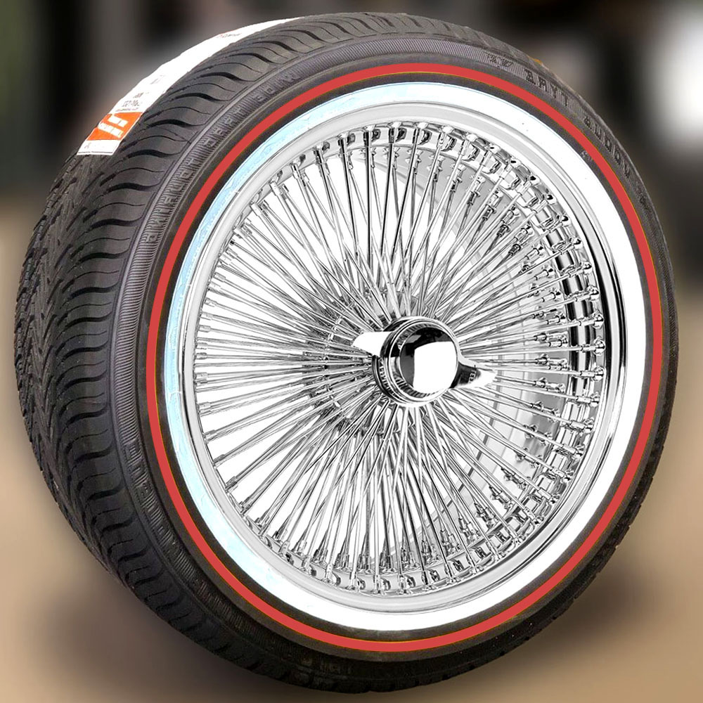 17X8" FWD Wire Wheels 100 Spoke Chrome + Vogue 235/55R17, red stripe - Set of 4