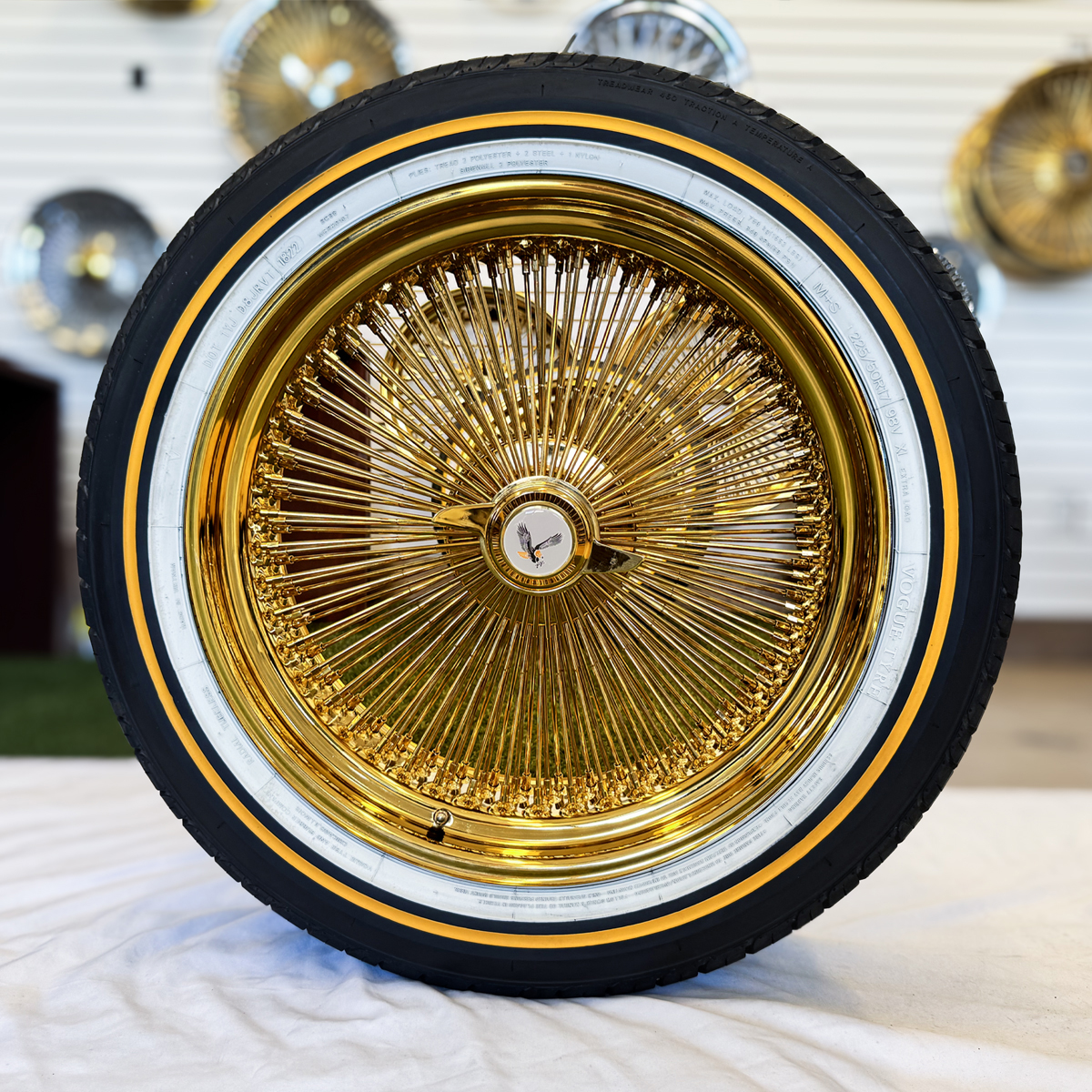 17x8” Gold Wire Wheels – 100 Spoke All Gold + 225/50R17 Original Vogue Tires | Triple Plated | Complete Set of 4