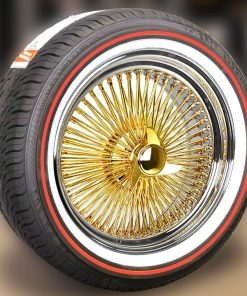 17x8” Gold Wire Wheels – 100 Spoke Standard with Chrome Lip + 235/55R17 Vogue Red Stripe Tires – Set of 4
