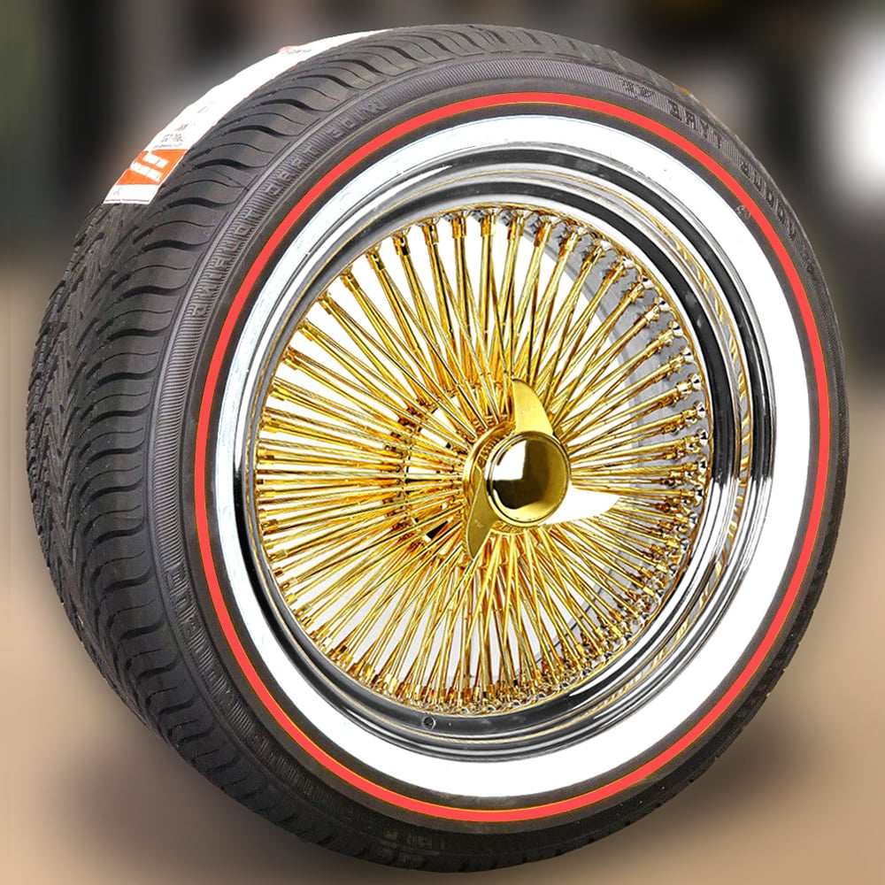 17x8” Gold Wire Wheels – 100 Spoke Standard with Chrome Lip + 235/55R17 Vogue Red Stripe Tires – Set of 4