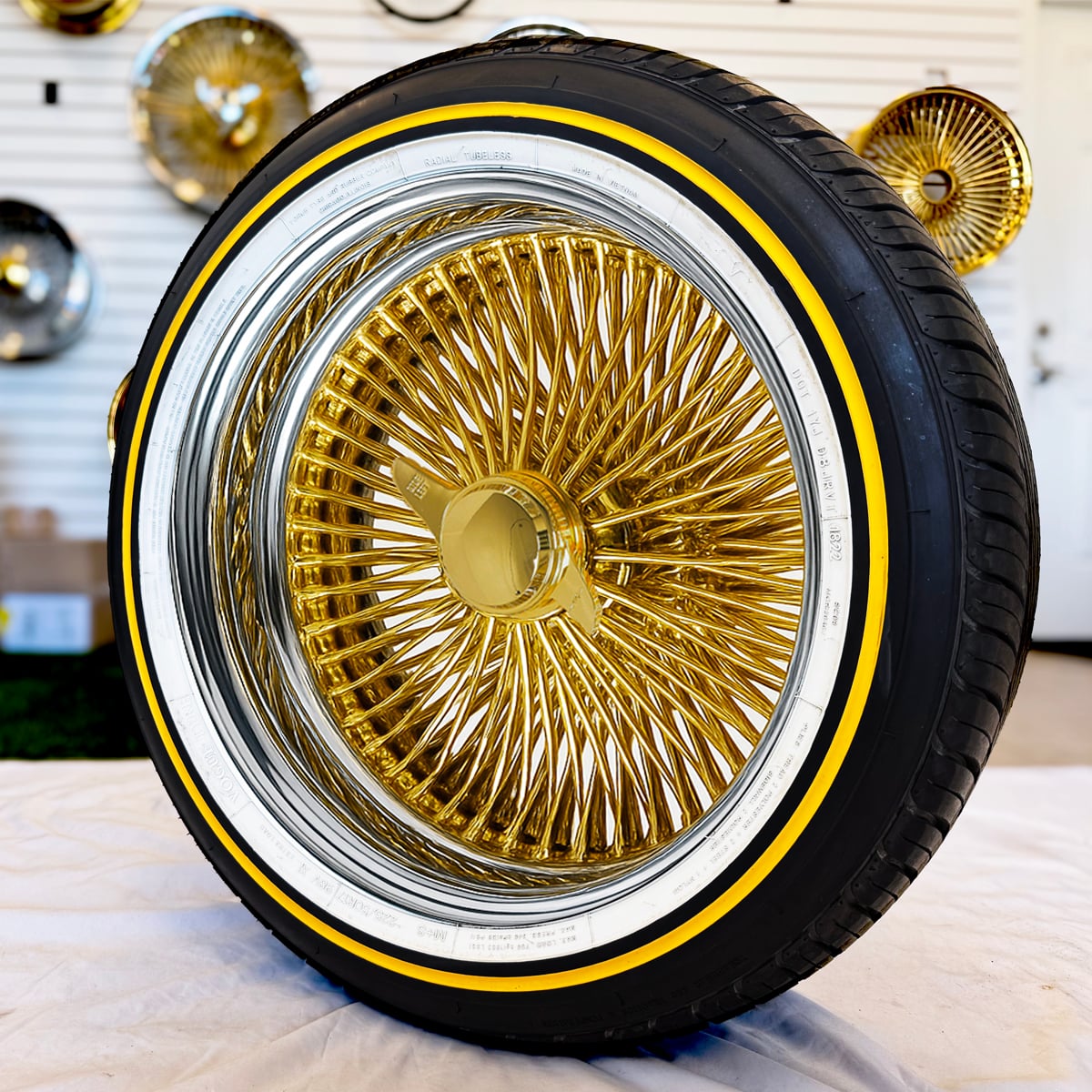 17X8" Gold Wire Wheels Chrome lip Standard 100 Spoke + Original Vogue Tires (225/50R17) - Set of 4