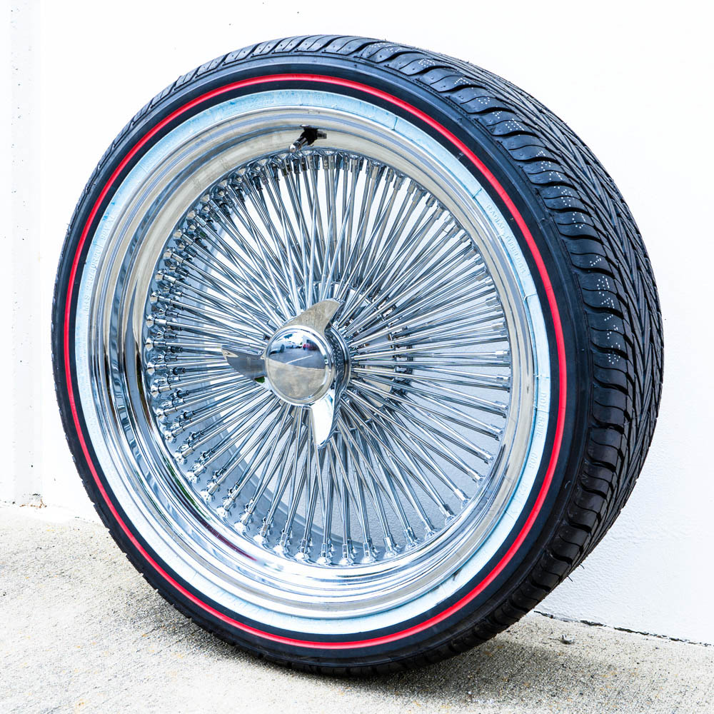 18x8 Chrome 150 Spoke Wire Wheels + 245/40R18 Vogue Red Stripe Tires | Set of 4