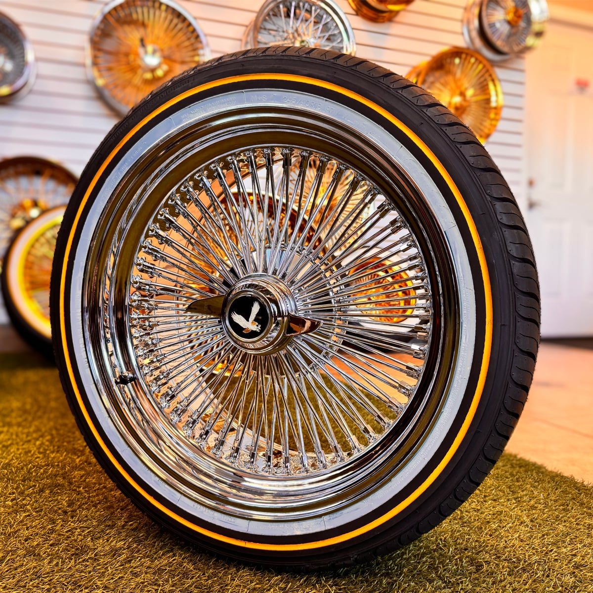 18x8" Standard Chrome Wire Wheels – 100 Spoke with Original Vogue Tires 245/40R18 – Mounted & Balanced – Set of 4