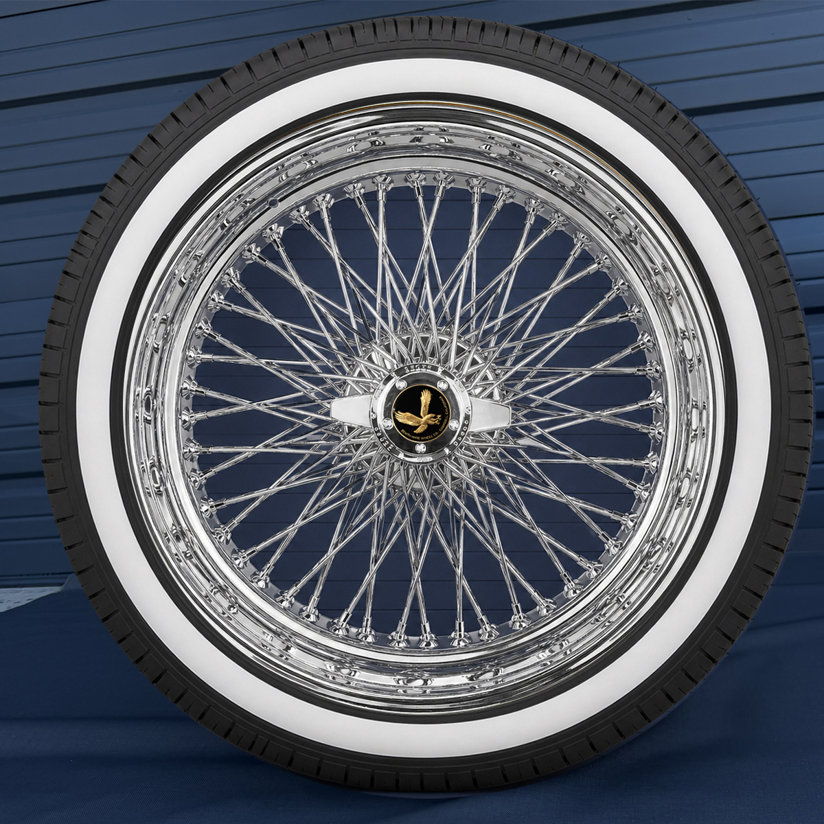 20x8” Chrome Wire Wheels – 96 Spoke Quad Cross Lace + 245/40R20 Custom True Whitewall Tires | Standard Offset | Set of 4