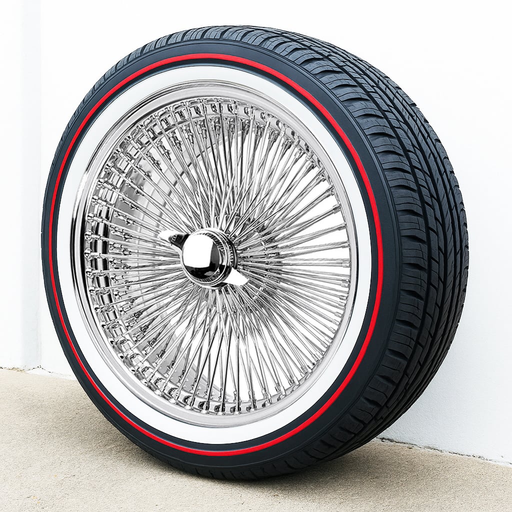 20x8” FWD 150-Spoke Wire Wheels + Vogue Tires (Whitewall & Red Stripe) – Set of 4