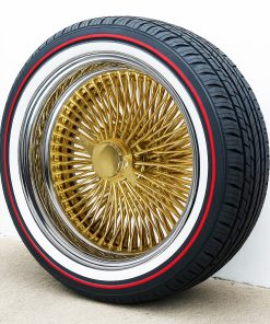 20x8” Gold Center 150-Spoke Standard Wire Wheels + Vogue Red Stripe Tires – Set of 4
