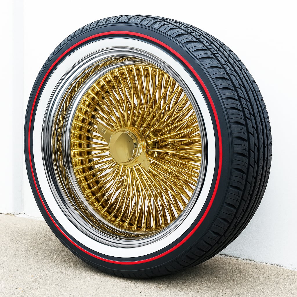 20x8” Gold Center 150-Spoke Standard Wire Wheels + Vogue Red Stripe Tires – Set of 4