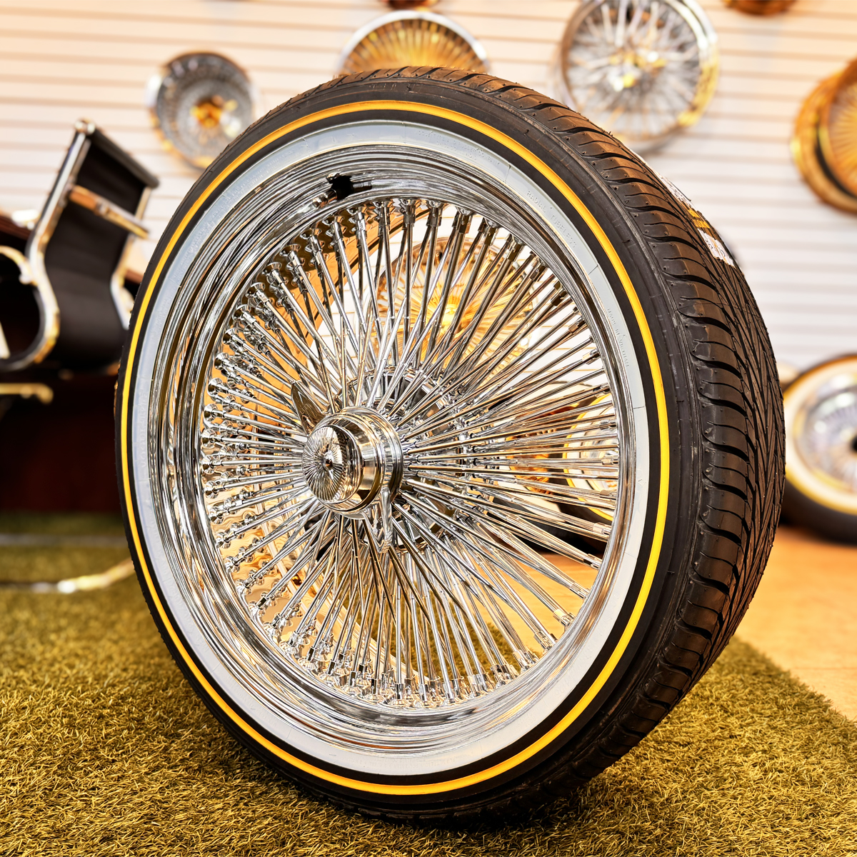 20x8" Wire Wheels Standard Chrome 150 Spoke + Original Vogue Tires 245/40R20 (Set of 4)