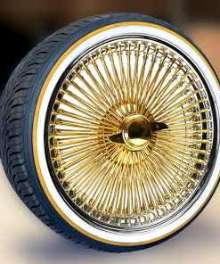 22x8" FWD Gold 150-Spoke Wire Wheels with Chrome Lip + Vogue Tires 265/35R22 – Set of 4