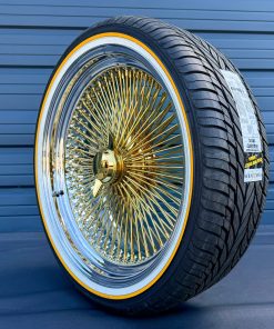 22x8” Gold Center Wire Wheels – 150 Spoke with Chrome Lip + 265/35R22 Original Vogue Tires | Triple Plated | Set of 4