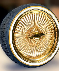 22x8" Gold Wire Wheels – 150 Spoke All Gold Standard Offset + Vogue Tires 265/35R22 (Set of 4)