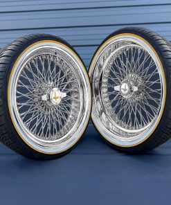 22x8” Staggered Chrome Wire Wheels – 96 Spoke Quad Cross Lace + 265/35R22 Original Vogue Gold Stripe Tires | Set of 4