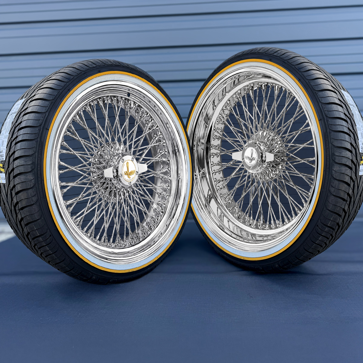 22x8” Staggered Chrome Wire Wheels – 96 Spoke Quad Cross Lace + 265/35R22 Original Vogue Gold Stripe Tires | Set of 4