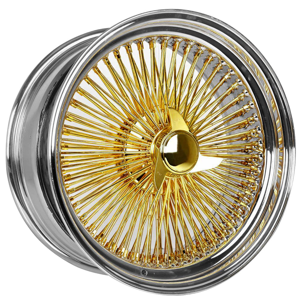 22x8 Standard 150 Spoke Wire Wheels – Gold Center, Chrome Lip | Set of 4
