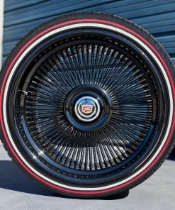 22x9” All Black Alloy Wire Wheels + 255/30R22 Custom Red Stripe Tires – Bolt-On Floating Cap | Premium Black Powder Coat | Set of 4