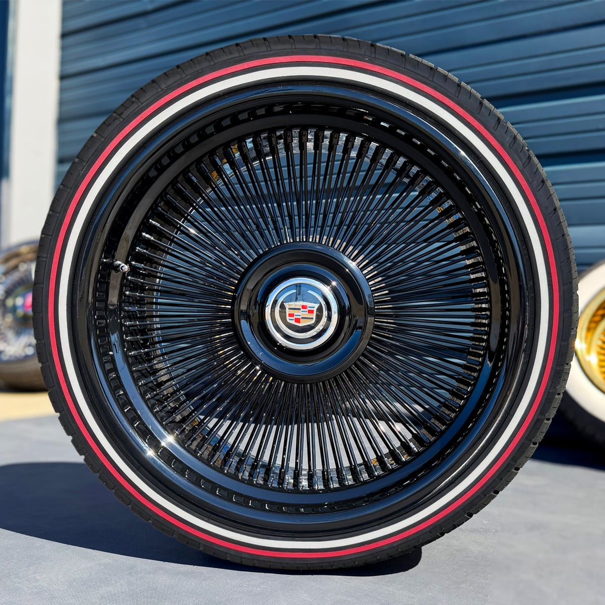 22x9” All Black Alloy Wire Wheels + 255/30R22 Custom Red Stripe Tires – Bolt-On Floating Cap | Premium Black Powder Coat | Set of 4