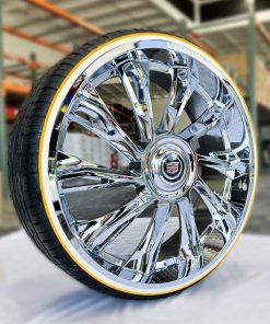 26 inch Nighthawk Chrome Wheels 6 lug + 275/25R26 Whitewall and gold stripe tires