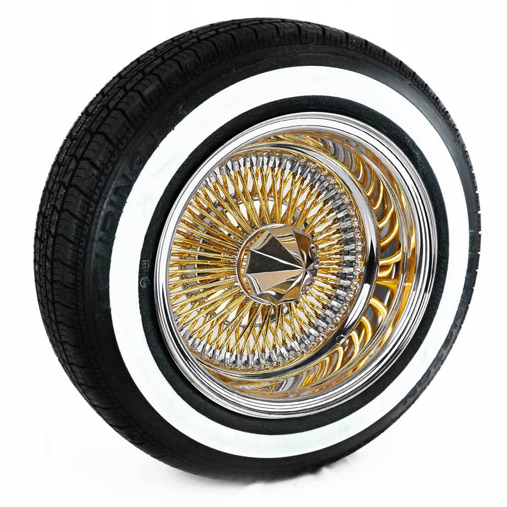 Gold Center 14X7 Reverse 100 Spoke with 1.6 inch White Wall Tires (175/70R14)