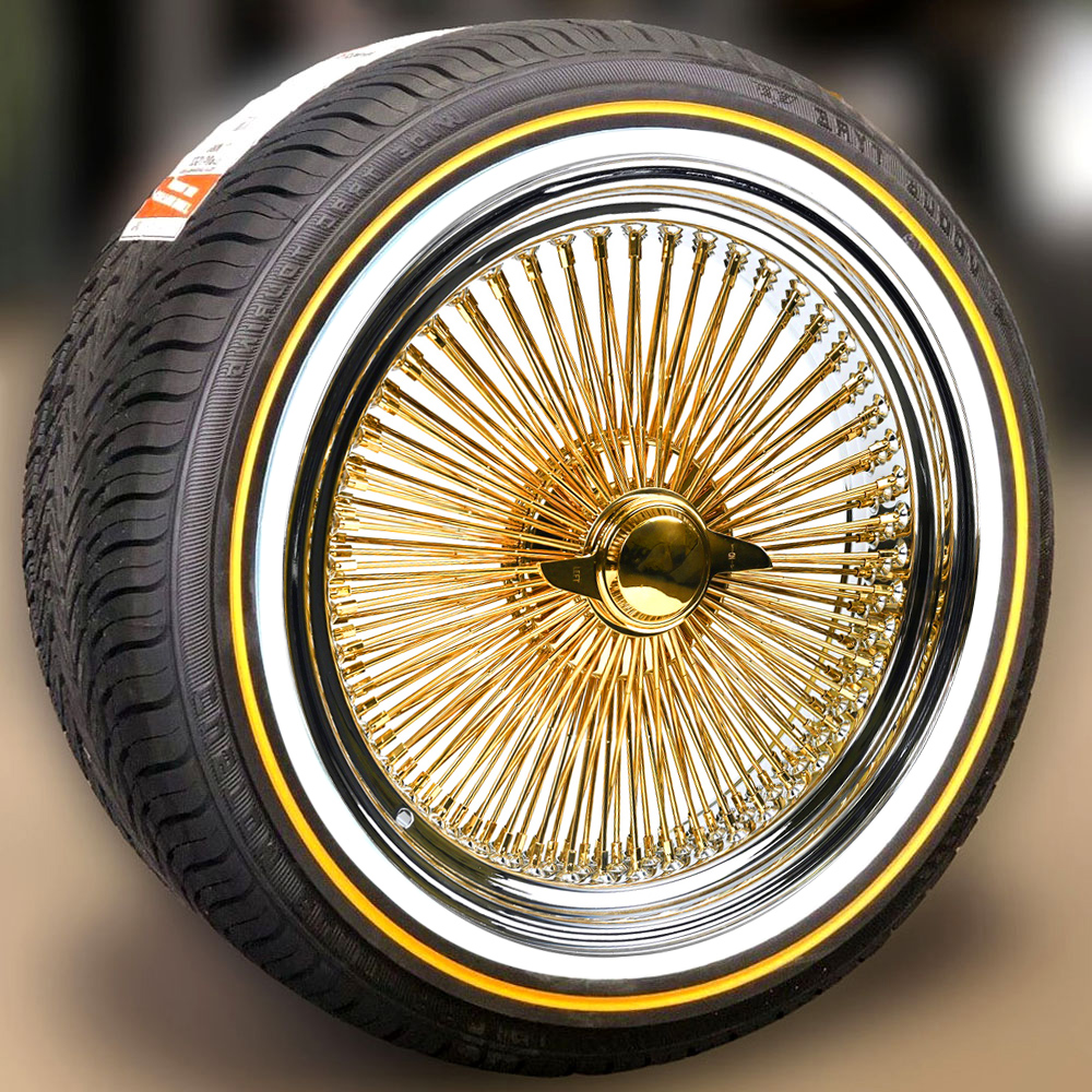 Gold Center 15x7" Wire Wheels + 215/70R15 Original Vogue Tires – Complete Set