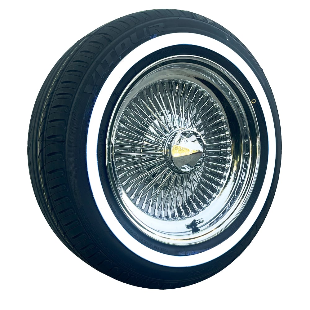 New 15x7” Chrome 100 Spoke Wire Wheels + 195/65R15 True Whitewall Tires – Complete Lowrider Set (Set of 4)