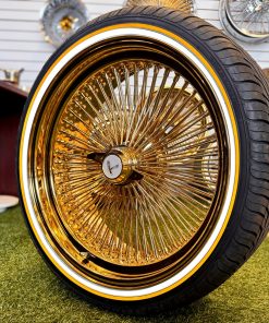 New 22x8” Gold Wire Wheels – 150 Spoke All Gold + Knock-Off Eagle Chip + 265/35R22 Original Vogue Tires – Set of 4
