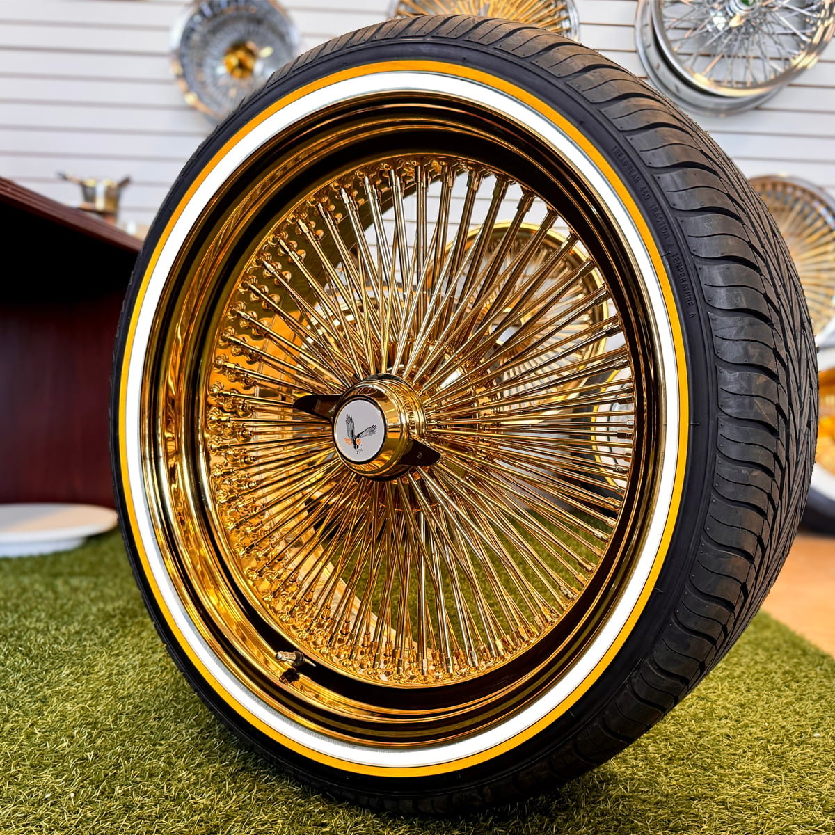 New 22x8” Gold Wire Wheels – 150 Spoke All Gold + Knock-Off Eagle Chip + 265/35R22 Original Vogue Tires – Set of 4
